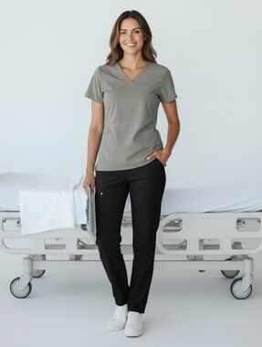 Women's Neutral Beige V-Neck Scrub Top with Multiple Pockets Size Large